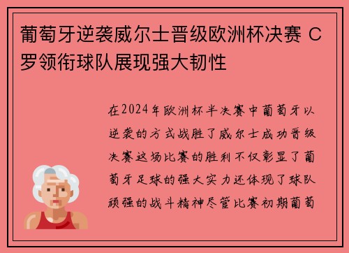 葡萄牙逆袭威尔士晋级欧洲杯决赛 C罗领衔球队展现强大韧性 葡萄牙逆袭威尔士晋级欧洲杯决赛 C罗领衔球队展现强大韧性